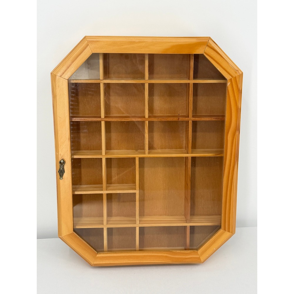 Vintage Wood Shadow Box Display Case 22 Compartment Glass Door Wall Hanging